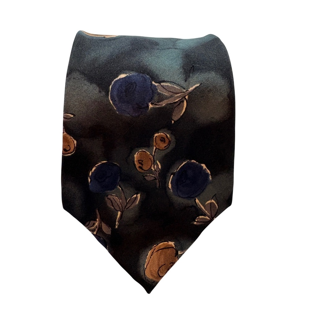 J.T. Beckett Silk Necktie Mens One Size Blue Gold Watercolor Floral Made in USA